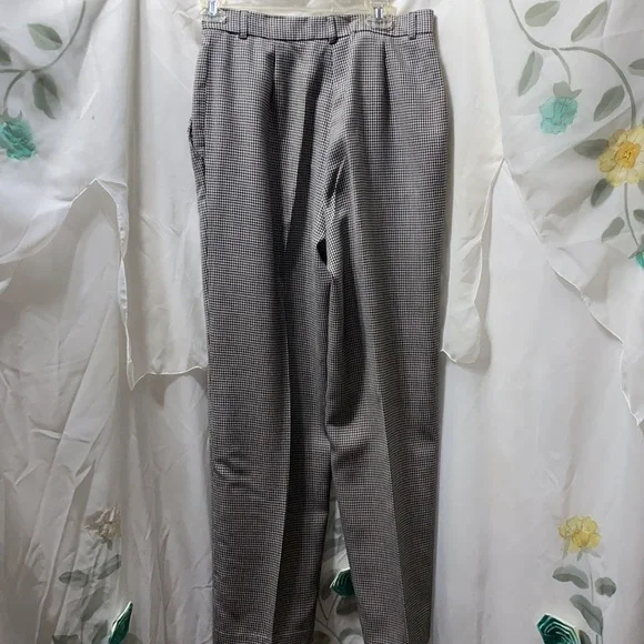 100% WORSTED WOOL HOUNDSTOOTH DRESS PANTS PLEATED BLK/WHT SZ 12